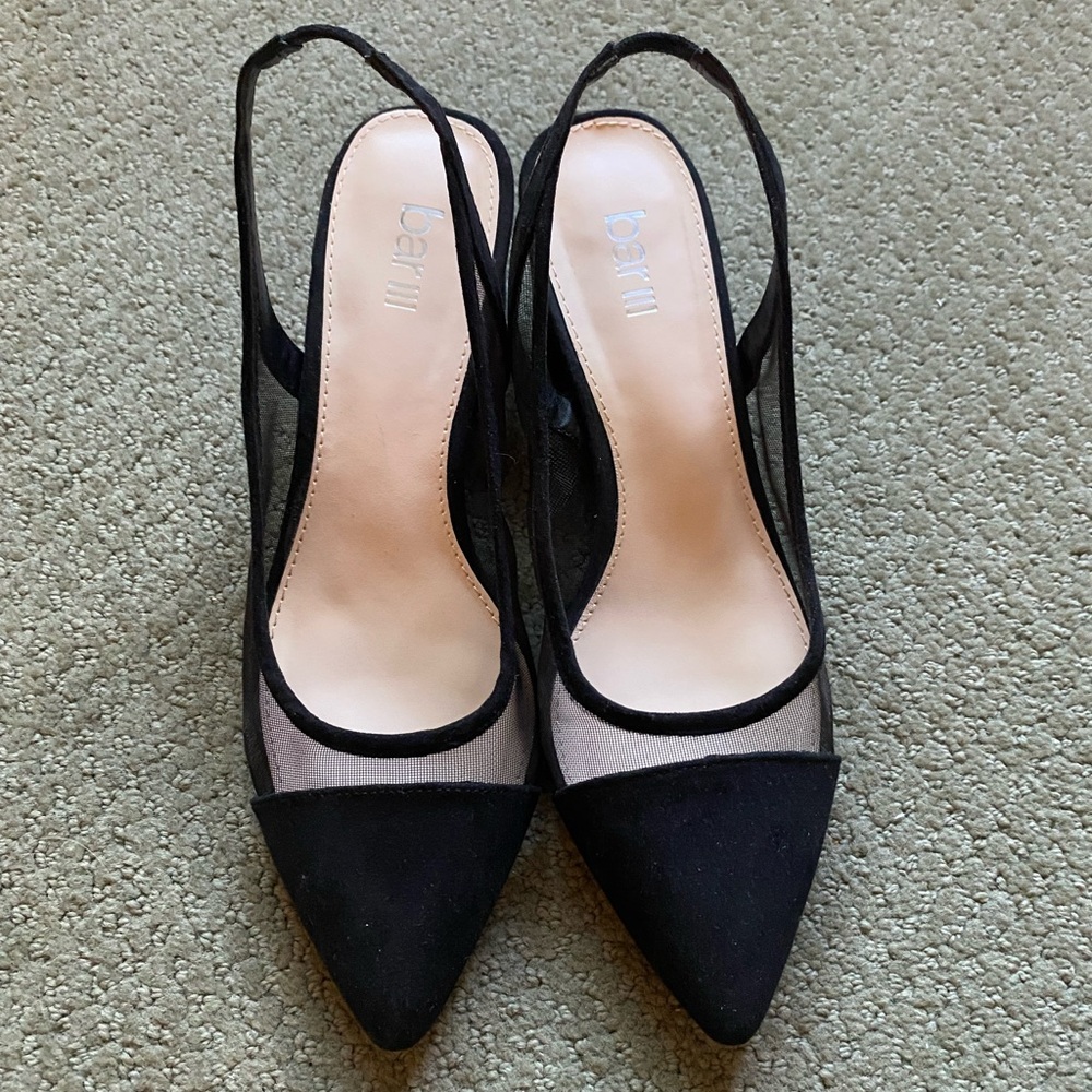BAR III black suede and netted sling backs. Sz 8.